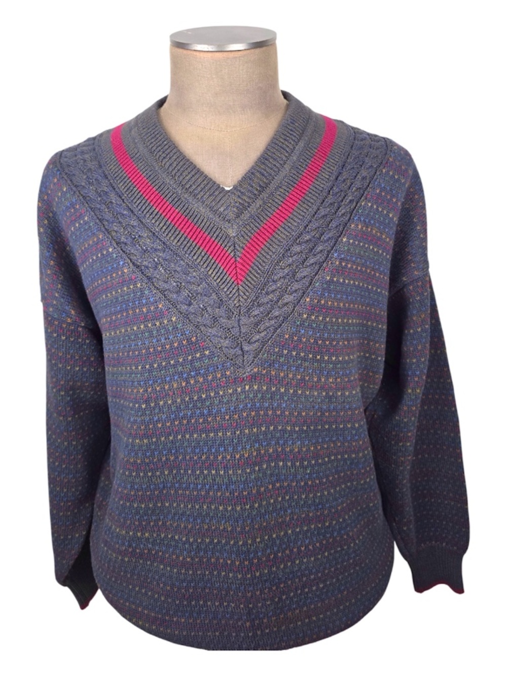 VTG 90s Gant Hand Framed Cotton V-Neck Tennis Sweater XL Rainbow Knit